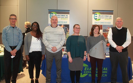 Left to right, Bob Kaemmerlen, Kaemmerlen Electric; Angela Moore, US Green Building Council (USBGC) – Missouri Gateway Chapter board chair; Frank Jacobs, IBEW Local 1; Emily Andrews, executive director, USGBC; Emily Martin, Aschinger Electric; Jim Curran, Electrical Connection.